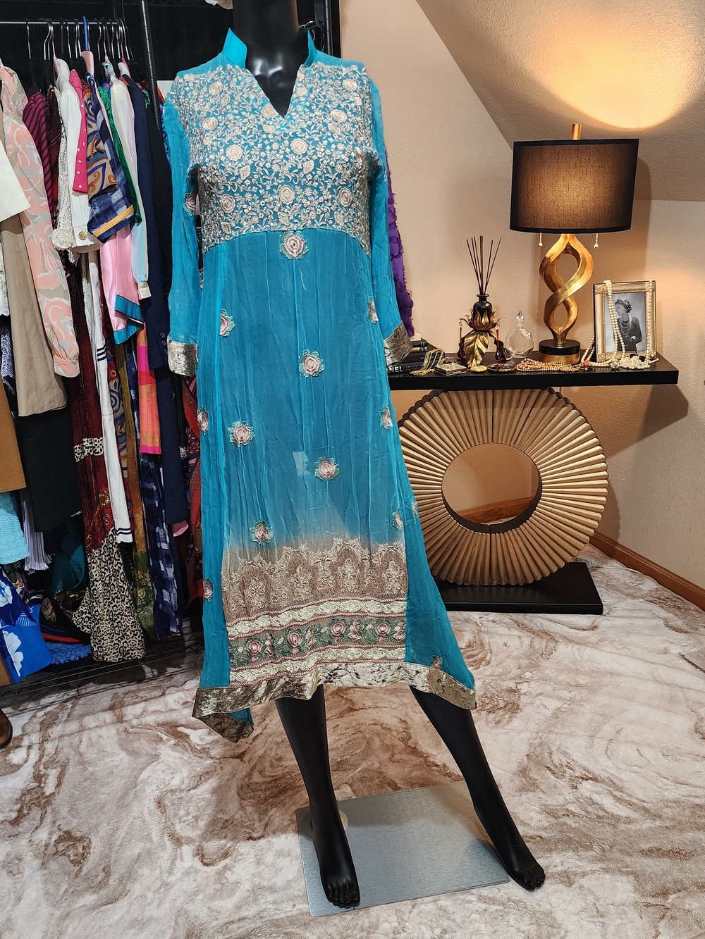 Vintage 80's Azure Blue Silk Embroidered Midi Dress Floral Boho Size M